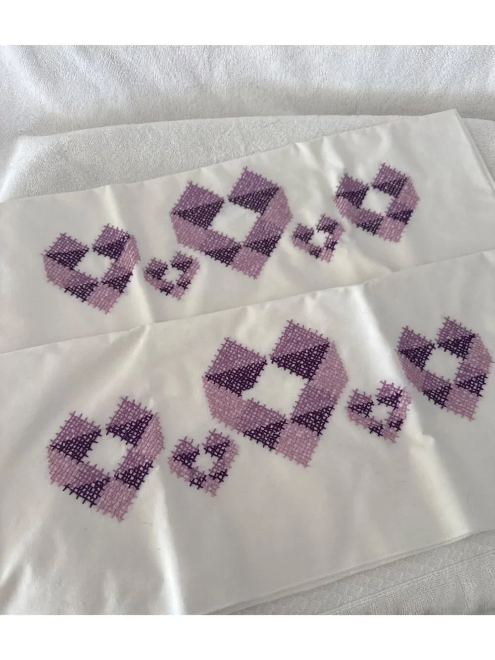 Handmade Cross-Stitched Purple & Lavender Heart Pattern 2 Full Size Pillowcases